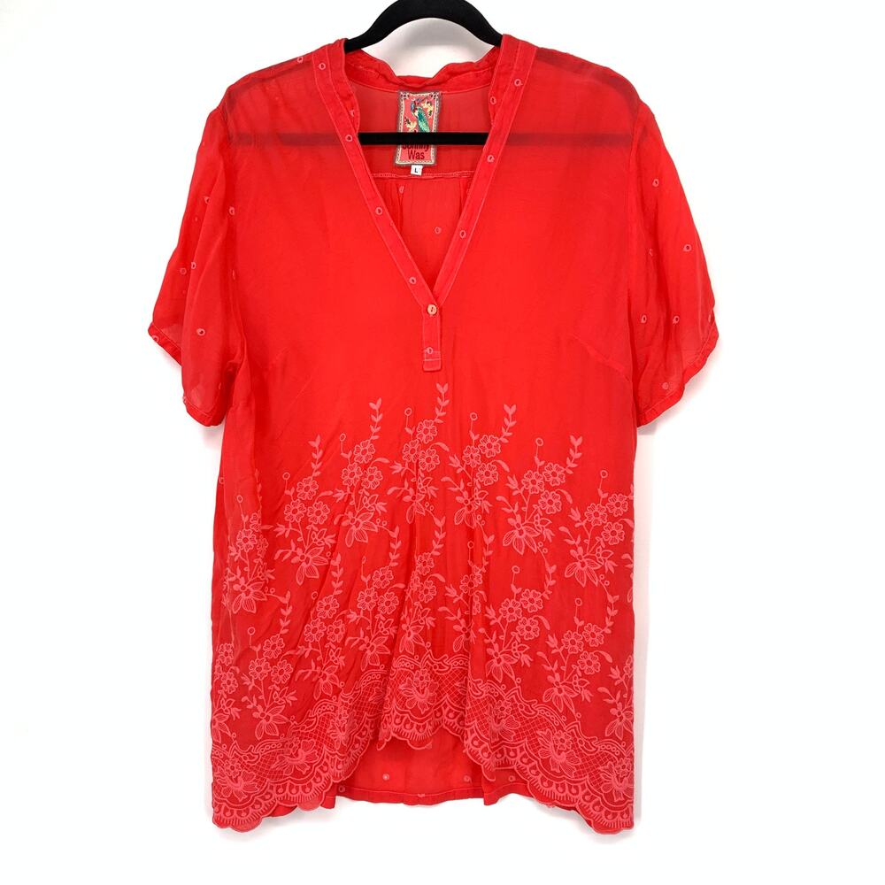 Johnny Was Tunic Womens L Coral Tonal Floral Embroidered Short Sleeve Boho Top